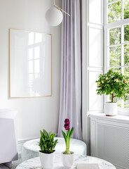 Furnished modern home interior in light pastel colors with poster mockup, 3d render