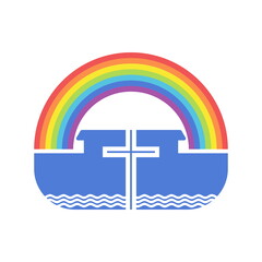 Biblical illustration. Cross on the background of the ark and the rainbow of the covenant.