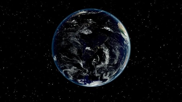 umkreisung oder umlaufbahn um unsere erdkugel, realistische animation aus dem weltall mit kontinenten, gewässern, mond, sterne sowie tag und nacht seiten