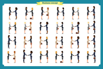 businesswomen handshake. Business people teamwork, set of business women in different poses,profile, front, standing, arms crossed, handshaking, cartoon flat-style vector illustration isolated.