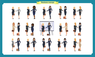 businesswomen handshake. Business people teamwork, set of business women in different poses,profile, front, standing, arms crossed, handshaking, cartoon flat-style vector illustration isolated.
