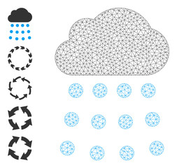 Mesh polygonal rain cloud icon with simple carcass created from rain cloud vector graphics. Carcass mesh polygonal rain cloud. Linear carcass 2D mesh in vector EPS format.