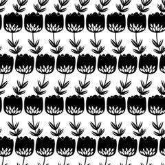 Seamless floral pattern based on traditional folk art ornaments. Black flowers on white background. Scandinavian style. Sweden nordic style. Vector illustration for fabric, textile, wallpaper.