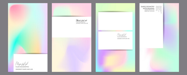 Fototapeta premium Gradient mesh cover set of backgrounds texture foil pearl shades. Abstract stylish gradient with holographic foil. 90s, 80s retro style
