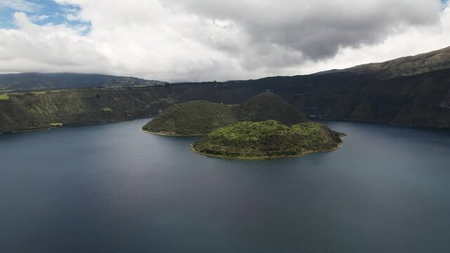 A pair of islands in the crater lake of a volcano