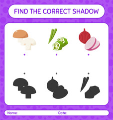 Find the correct shadows game with vegetables. worksheet for preschool kids, kids activity sheet