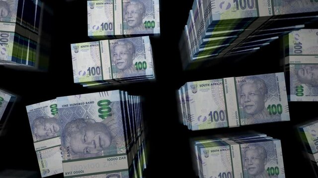 South Africa Rand money pack loop. Flight over ZAR banknotes stacks top view. 3d loopable seamless animation. Abstract background concept of economy, crisis, business and finance.