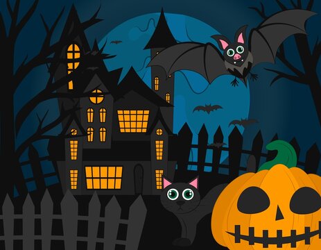 
Halloween night background. Vector illustration for the October holiday, banner. Poster, invitation template for halloween party, web page. 
