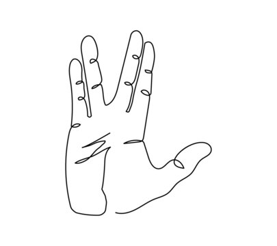 Vulcan Salute gesture one line art. Continuous line drawing of gesture, palm, right hand, greeting gesture.