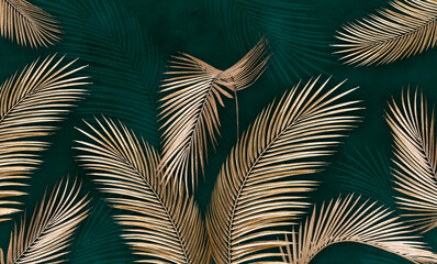 Panele Szklane  Złote liście na zielonym tle. Tropikalne liście. Fototapety. liście palmowe