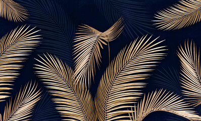Golden leaves on a blue background. Tropical leaves. Photo wallpapers. Palm leaves.
