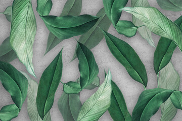 Tropical leaves on a gray background. Zd collage. Photo wallpapers for the interior.Three-dimensional drawing.