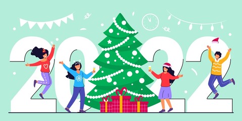 Happy people celebrating merry Christmas and happy new year dancing at christmas party flat vector illustration Office Business People Team Santa Hat