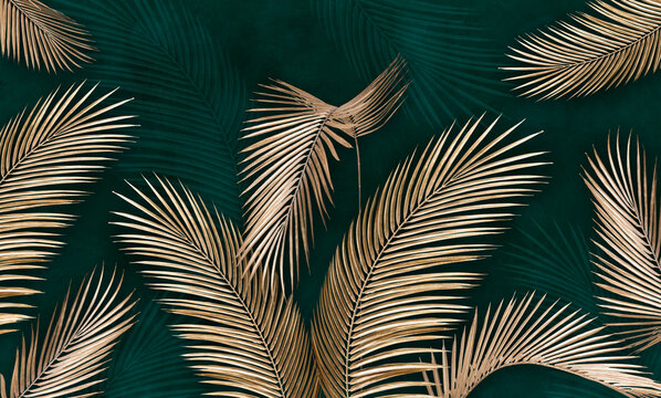 Fototapeta Golden leaves on a green background. Tropical leaves. Photo wallpapers. Palm leaves