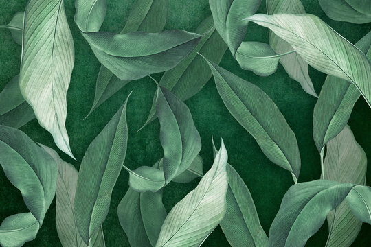 Tropical leaves on a green background. Art  3D collage. Photo wallpapers for the interior.Three-dimensional drawing.