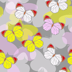 butterflies on gray background, seamless vector pattern
