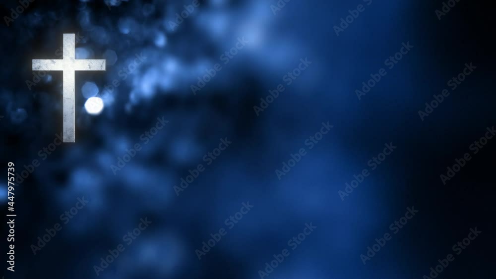 Wall mural Christian Cross on Horizontal blue bokeh glint banner background loop copy space. 3D animation for social media online worship live stream church prayer on Feast of Mary, and the Immaculate Conception