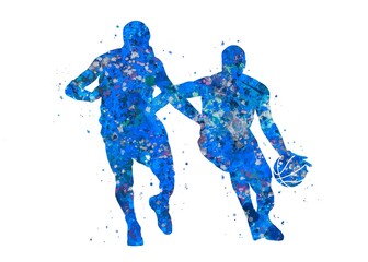 Basketball player dribble blue watercolor art, abstract sport painting. blue sport art print, watercolor illustration artistic, decoration wall art. © Yahya Art