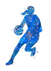 Basketball player girl blue watercolor art, abstract sport painting. blue sport art print, watercolor illustration artistic, decoration wall art. © Yahya Art