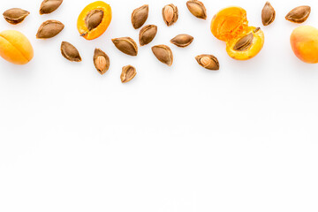 Dried apricot kernel with ripe apricot fruits, top view