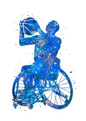 Wheelchair Basketball Player blue watercolor art, abstract sport painting. blue sport art print, watercolor illustration artistic, decoration wall art.