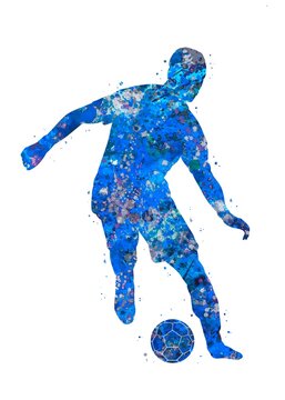 Soccer Player blue watercolor art, abstract sport painting. blue sport art print, watercolor illustration artistic, decoration wall art.