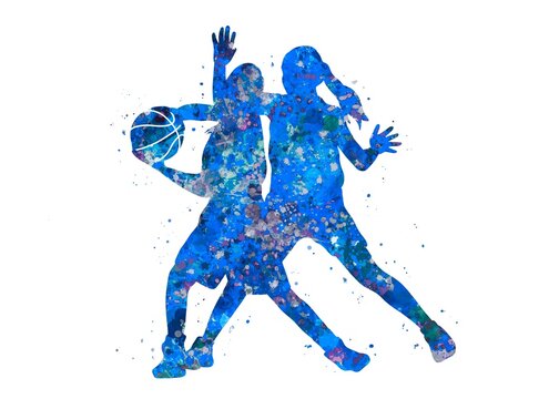 Basketball player girl dribble blue watercolor art, abstract sport painting. blue sport art print, watercolor illustration artistic, decoration wall art.