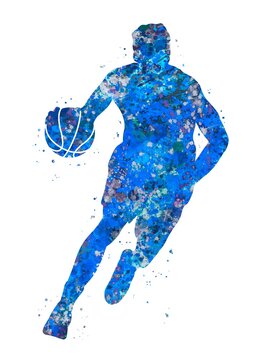 Basketball player blue watercolor art, abstract sport painting. blue sport art print, watercolor illustration artistic, decoration wall art.