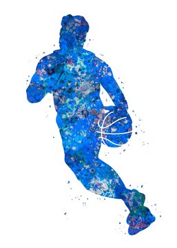 Basketball players blue watercolor art, abstract sport painting. blue sport art print, watercolor illustration artistic, decoration wall art.