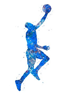 Basketball player jump blue watercolor art, abstract sport painting. blue sport art print, watercolor illustration artistic, decoration wall art.