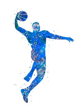 Basketball player slam dunk  blue watercolor art, abstract sport painting. blue sport art print, watercolor illustration artistic, decoration wall art.