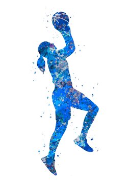 Basketball player girl  jump blue watercolor art, abstract sport painting. blue sport art print, watercolor illustration artistic, decoration wall art.