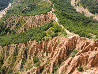 Aerial view of rock formation Stob pyramids, Rila Mountain, Bulgaria