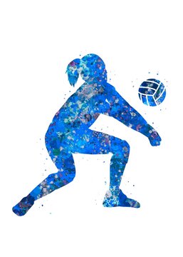 Volleyball Girl blue watercolor art, abstract sport painting. blue sport art print, watercolor illustration artistic, decoration wall art.