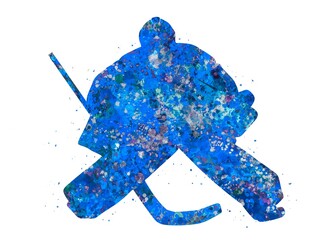 Goalie ice hockey blue watercolor art, abstract sport painting. blue sport art print, watercolor illustration artistic, decoration wall art.