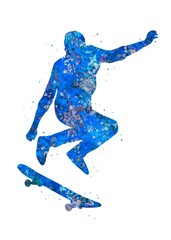 Skate Jump blue watercolor art, abstract sport painting. blue sport art print, watercolor illustration artistic, decoration wall art.