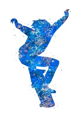 Skater Girl blue watercolor art, abstract sport painting. blue sport art print, watercolor illustration artistic, decoration wall art.