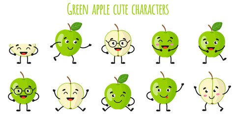 Green apple fruit cute funny cheerful characters with different poses and emotions.