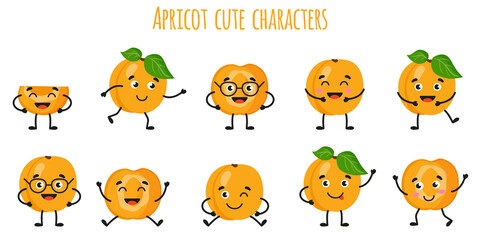 Fototapeta premium Apricot fruit cute funny cheerful characters with different poses and emotions.