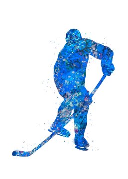 Ice hockey blue watercolor art, abstract sport painting. blue sport art print, watercolor illustration artistic, decoration wall art.