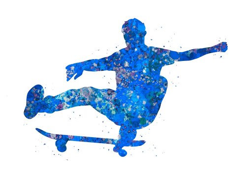 Skateboarding blue watercolor art, abstract sport painting. blue sport art print, watercolor illustration artistic, decoration wall art.
