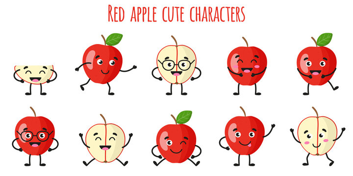 Red apple fruit cute funny cheerful characters with different poses and emotions.