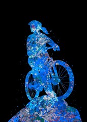 Mountain biker girl blue watercolor art black background, abstract sport painting. blue sport art...