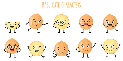 Bael fruit cute funny cheerful characters with different poses and emotions.