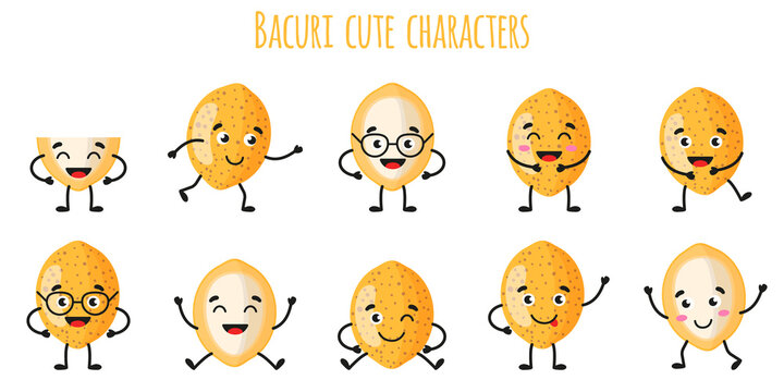 Bacuri fruit cute funny cheerful characters with different poses and emotions.