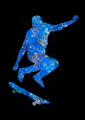 Fototapeta na wymiar Skateboarding jump blue watercolor art black background, abstract sport painting. blue sport art print, watercolor illustration artistic, decoration wall art.