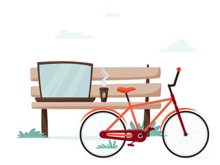 Bench with laptop, coffee and bike in the city park. Freelancer or student workplace. Urban city street style, online education or remote working concept