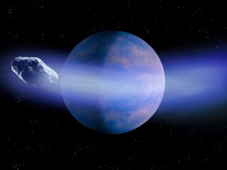 Comet tail on the background of a blue planet. Danger of collision with asteroid, space landscape 3d illustration. 