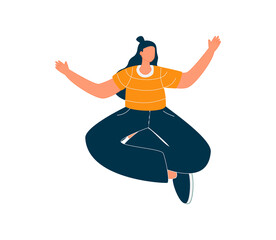 Young woman sits on floor, meditating and performing breath control exercise. Girl with flying hair practices self-mindfulness. Flat cartoon vector illustration.