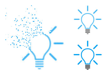 Moving pixelated light bulb glyph with wind effect, and halftone vector pictogram. Pixelated burst effect for light bulb shows speed and motion of cyberspace abstractions.